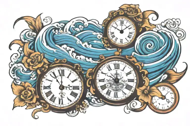 tidal waves intertwined with a clock and a cross  tattoo design idea