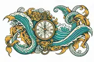 tidal waves intertwined with a clock tattoo design idea