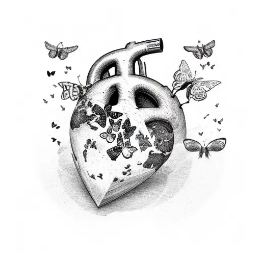 rotting heart creating butterflies and earth  tattoo design idea