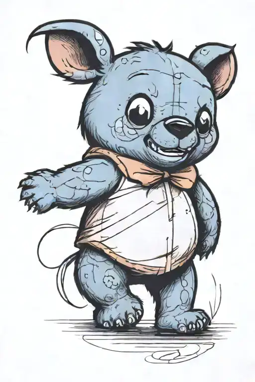 A bear walking away while holding hands with Stitch. The bear has a shadow but stitch does not tattoo design idea