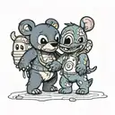 A bear walking away while holding hands with Stitch from lilo and stitch. The bear has a shadow but stitch does not tattoo design idea