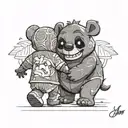 A bear walking away while holding hands with Stitch from lilo and stitch. The bear has a shadow but stitch does not tattoo design idea
