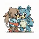A bear walking away while holding hands with Stitch from lilo and stitch. The bear has a shadow but stitch does not tattoo design idea