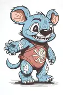 A bear walking away while holding hands with Stitch from lilo and stitch. The bear has a shadow but stitch does not tattoo design idea