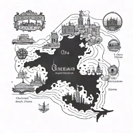 A detailed blackwork tattoo of a vintage map showcasing all the client's favorite cities: New Orleans, San Francisco, Bend Oregon, and Washington DC tattoo design idea