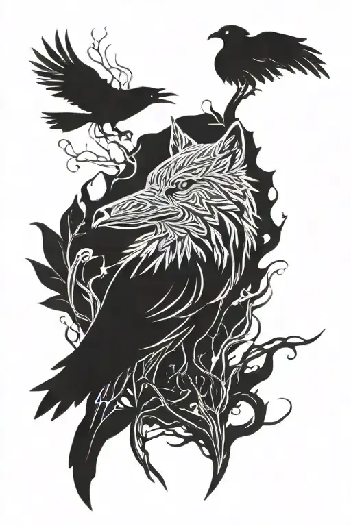 nordic mythology wolf raven tattoo design idea