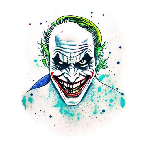 Traditional tattoo of the Joker surrounded by paint splatters tattoo design idea