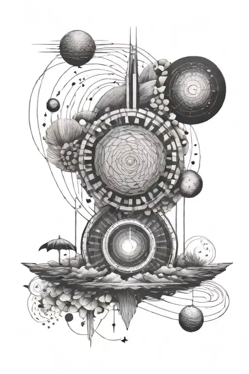 A design inspired by the Fibonacci sequence, incorporating elements of travel, sea, and rain in a geometric pattern tattoo design idea
