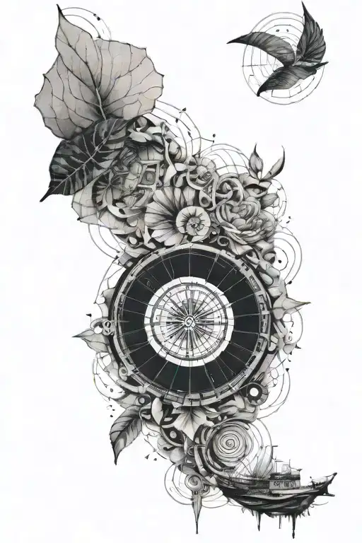 A design inspired by the Fibonacci sequence, incorporating elements of travel, sea, and rain in a geometric pattern tattoo design idea