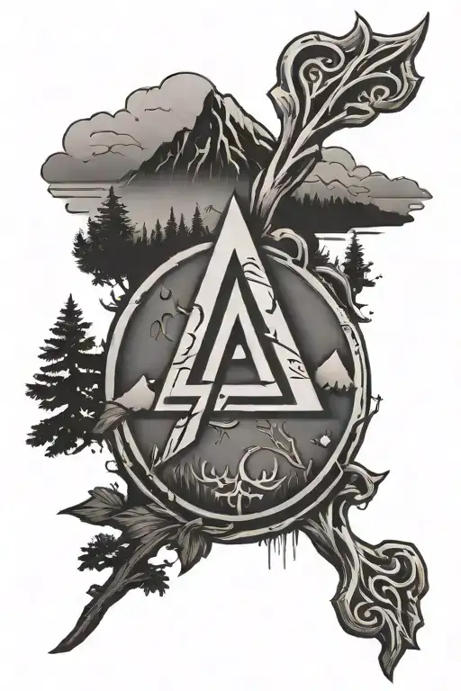 A Nordic rune symbolizing protection and strength, with a mountain landscape in the background tattoo design idea