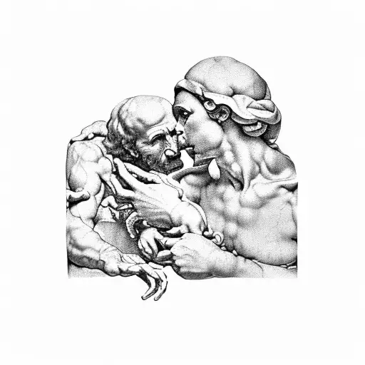 A reinterpretation of Michelangelo's 'The Creation of Adam' with a twist of relativity and books incorporated into the design tattoo design idea