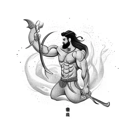 asian muscular merman holding trident, short black hair outline only black and white. tattoo design idea