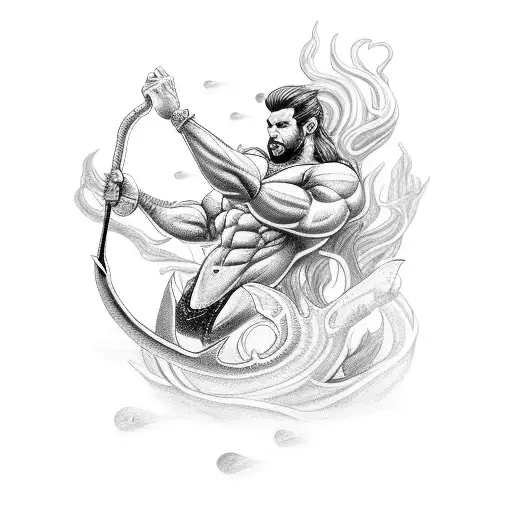 asian muscular merman holding trident, short black hair outline only black and white. tattoo design idea