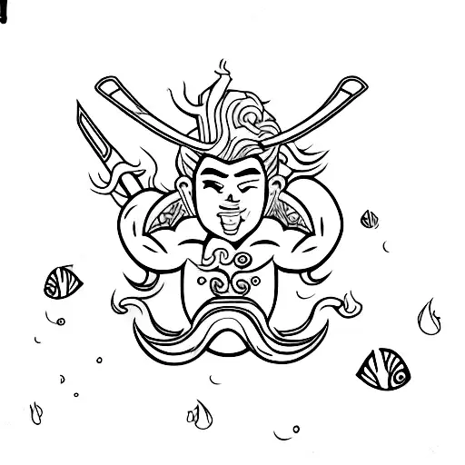 asian muscular merman holding trident, short black hair outline only black and white. tattoo design idea