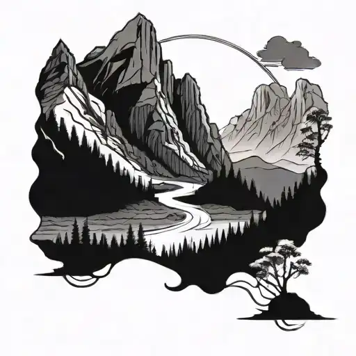A detailed mountain landscape with a winding river, showcasing your love for hiking and kayaking tattoo design idea