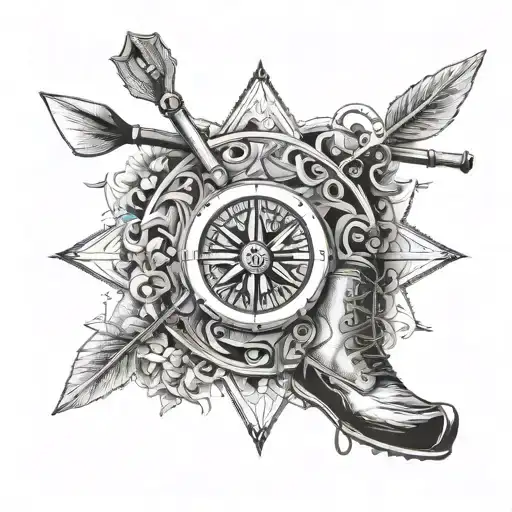 An intricate compass design with a hiking boot and kayak paddle incorporated, representing your love for exploring and outdoor activities tattoo design idea