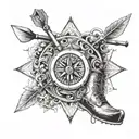 An intricate compass design with a hiking boot and kayak paddle incorporated, representing your love for exploring and outdoor activities tattoo design idea