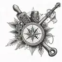 An intricate compass design with a hiking boot and kayak paddle incorporated, representing your love for exploring and outdoor activities tattoo design idea