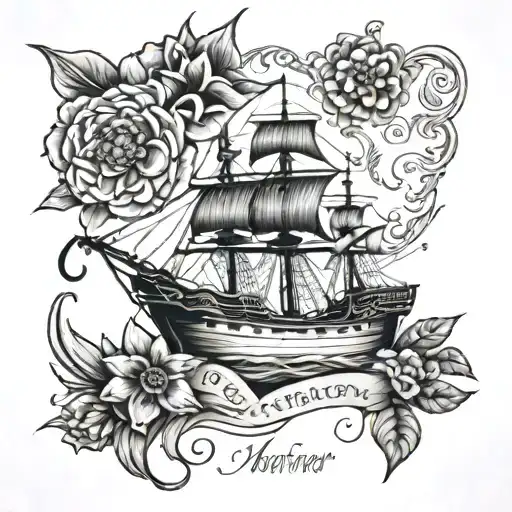 mayflower ship and flower tattoo with my mothers name written tattoo design idea