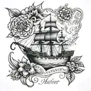 mayflower ship and flower tattoo with my mothers name written tattoo design idea