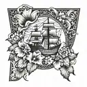 mayflower ship and flower tattoo with my mothers name written tattoo design idea