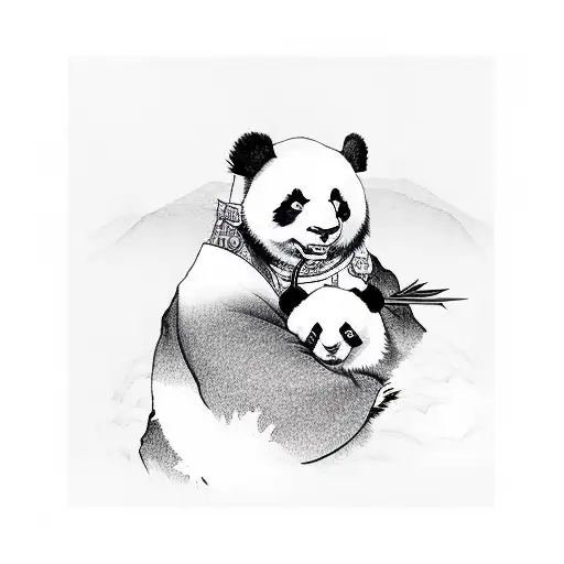 A traditional Japanese geisha holding a panda bear tattoo design idea