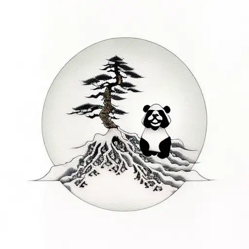 Bonsai Tree with Panda sitting in Front tattoo design idea