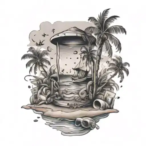 A tattoo of a beach scene with hidden images of money and riches scattered throughout tattoo design idea