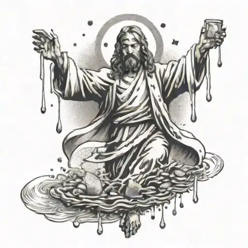 A tattoo of Jesus walking on water with money raining down around him, symbolizing blessings of wealth and family tattoo design idea