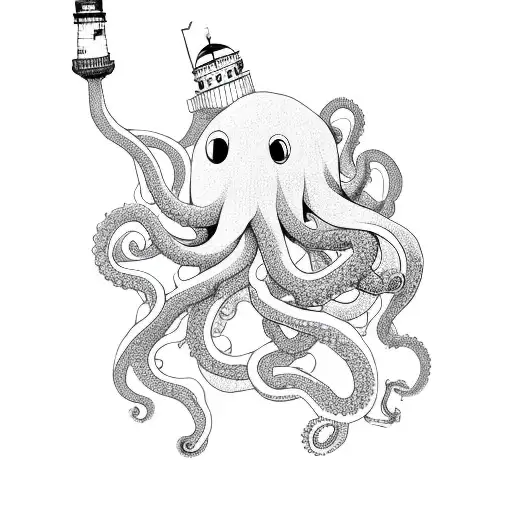 giant octopus holding lighthouse tattoo design idea