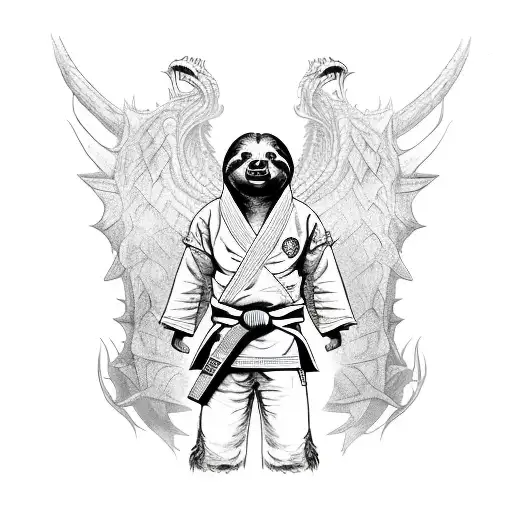 a fierce standing sloth with game of thrones like dragon wings in a Brazilian Jiu-Jitsu gi with a black belt tattoo design idea