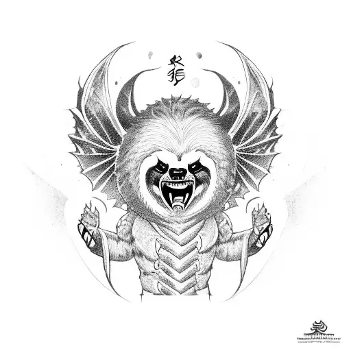a fierce standing sloth with dragon wings in a Brazilian Jiu-Jitsu gi with a black belt tattoo design idea