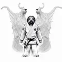 a fierce standing sloth with game of thrones like dragon wings in a Brazilian Jiu-Jitsu gi with a black belt tattoo design idea