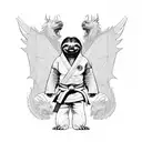 a fierce standing sloth with game of thrones like dragon wings in a Brazilian Jiu-Jitsu gi with a black belt tattoo design idea