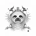 a fierce standing sloth with dragon wings in a Brazilian Jiu-Jitsu gi with a black belt tattoo design idea