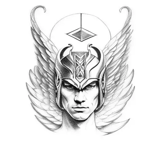 martillo de Thor con alas de ángel y una aureola tattoo design idea