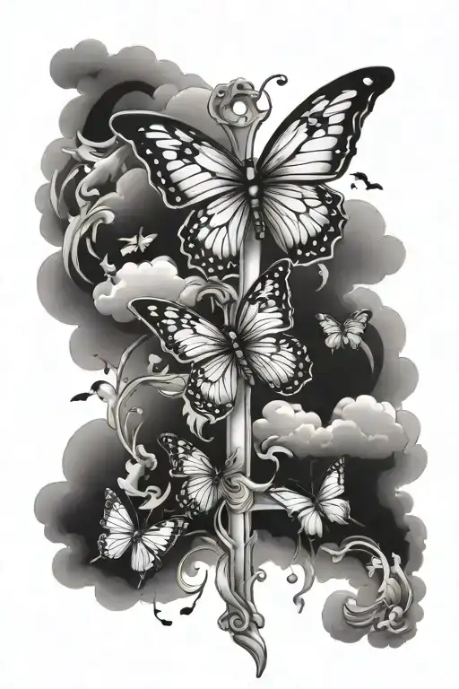 Cross, clouds and butterflies tattoo design idea