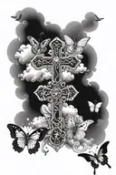 Cross, clouds and butterflies tattoo design idea