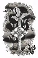 Cross, clouds and butterflies tattoo design idea
