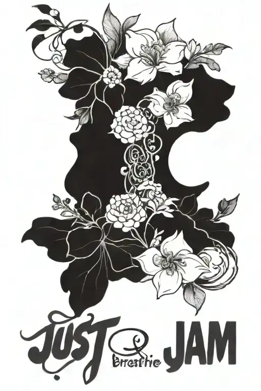 floral sleeve tattoo design with the quote "Just Breathe - Pearl Jam" inside the tattoo. tattoo design idea