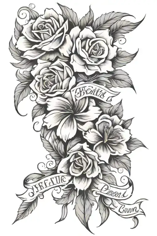 floral sleeve tattoo design with the quote "Just Breathe - Pearl Jam" inside the tattoo. tattoo design idea
