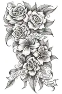 floral sleeve tattoo design with the quote "Just Breathe - Pearl Jam" inside the tattoo. tattoo design idea