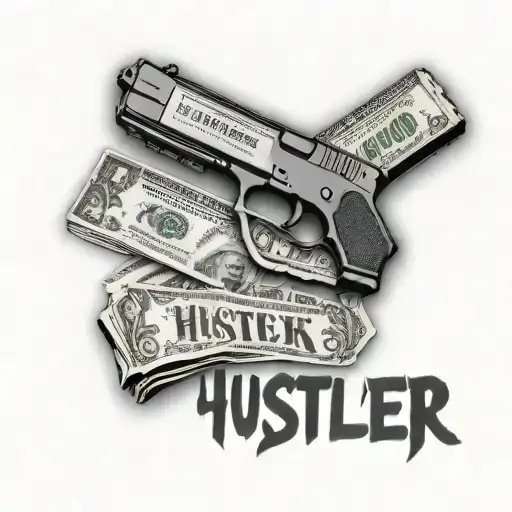 text "hustler" with money and glock next to the text tattoo design idea