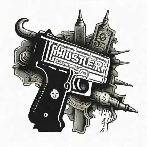 text "hustler" between glock18 and money tattoo design idea