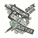 text "hustler" with money and glock next to the text tattoo design idea