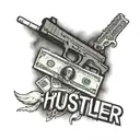 text "hustler" with money and glock next to the text tattoo design idea