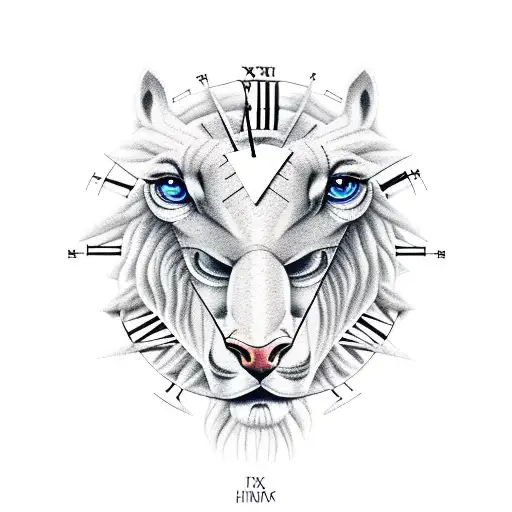 fierce animal head with a Roman numerical clock below it. then a cross next to the head tattoo design idea