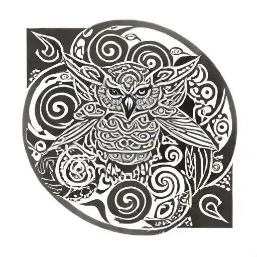 Australian indigenous Owl, Dolphin, and Snake intertwined tattoo design idea