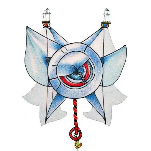 kite flying above a connected with rope anchor tattoo design idea