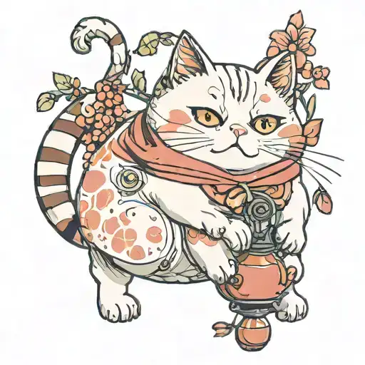 A cute fat cat hangs on a twip and everything is in cherry bloss tattoo design idea